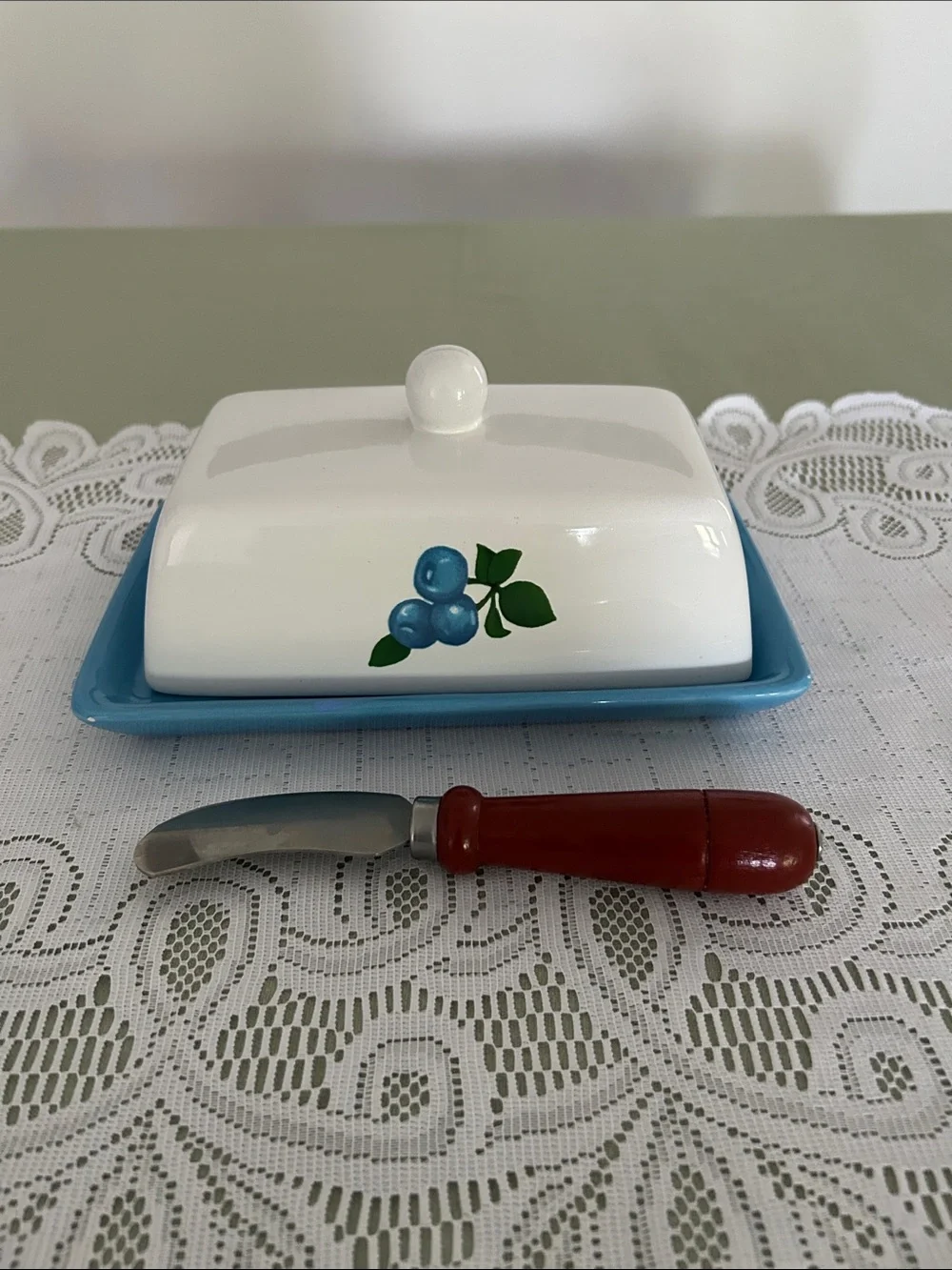Blueberry Motif Ceramic Butter Dish with Blue Base 8x5 in few call outs - Picture 10 of 11